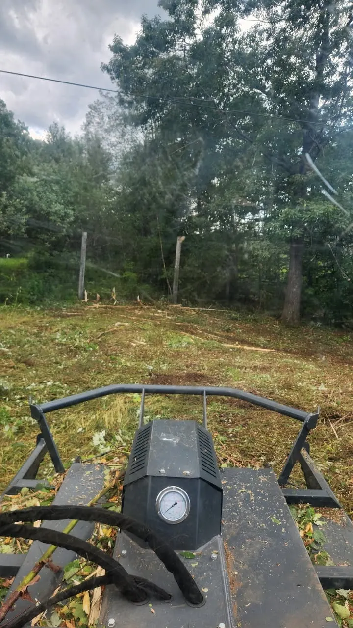 Brush hog clearing overgrown brush on a New Hampshire lot before excavator stump removal
